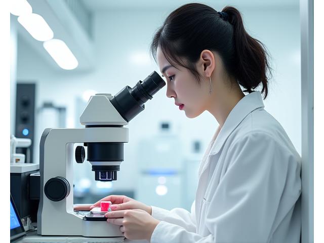 白衣を着た品質管理の専門家が、手作りされたばかりの化粧品を顕微鏡やテスターで細かく検査している様子。清潔な検査室で、光にかざして製品の状態を確認する手元と、データの記録を示すタブレットが写っている