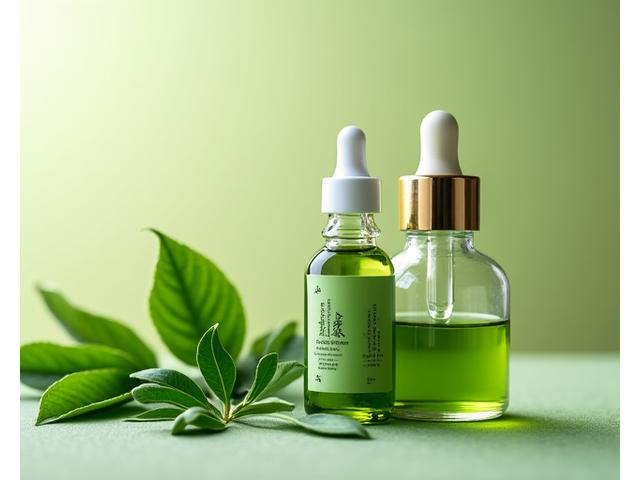 鮮やかな緑色の茶葉と、そこから抽出された緑茶エキスがモダンなビーカーに入れられている画像。清々しい自然な雰囲気。