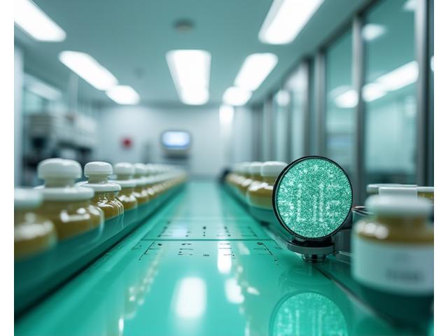 品質管理の専門家がクリーンルーム内で厳格なテストを行っている。微生物検査や物理的安定性試験の機器が見える。